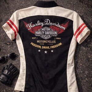 Harley-Davidson Women’s Black Zip Shirt | Embroidered Back Stripes, Pink Wings M